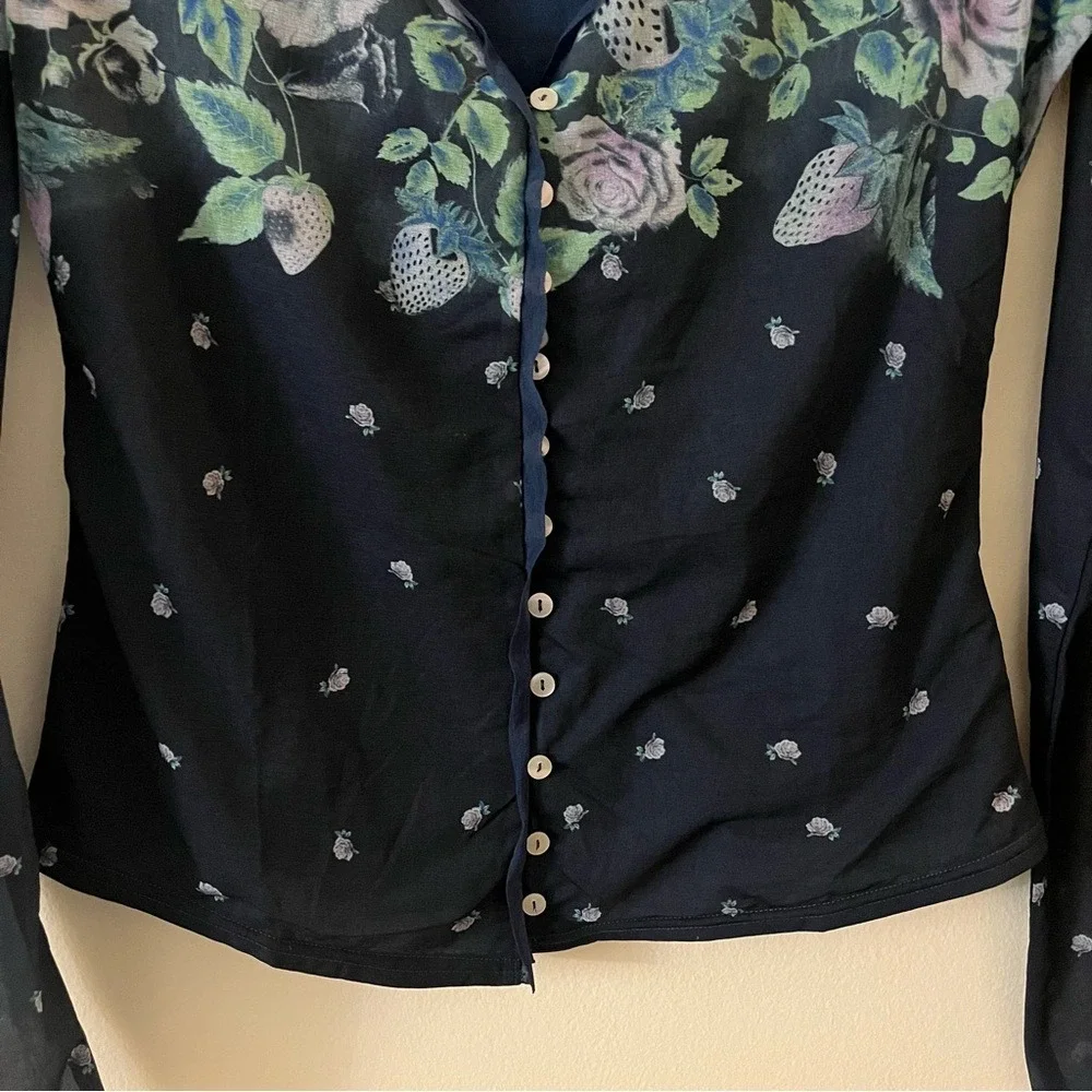 Free People Home Grown Mesh‎ Cardi Navy Blue Combo Floral Button down Small NWOT